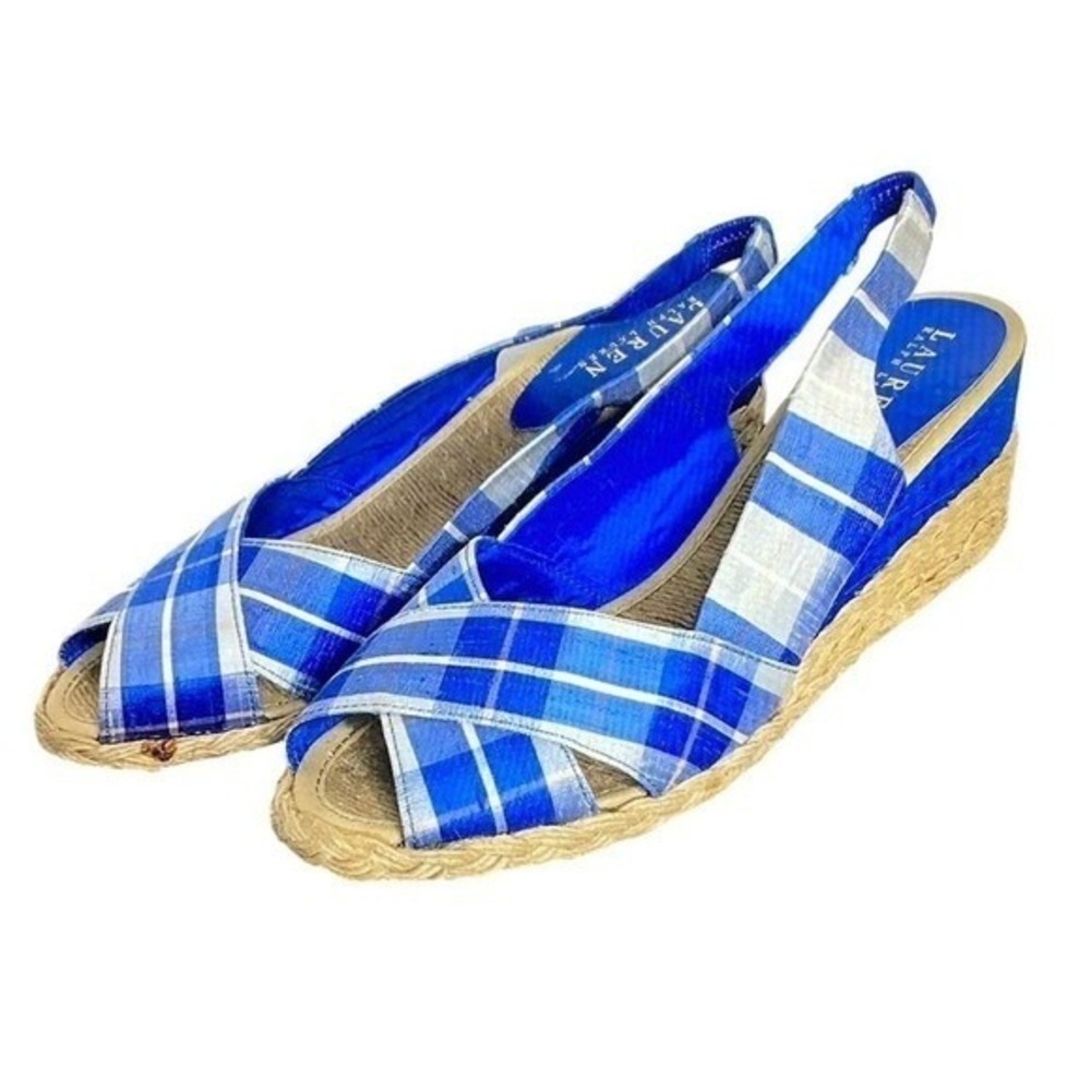Lauren Ralph Lauren Camaraโ Blue Plaid Espadrille Wedge Sandals Slingback